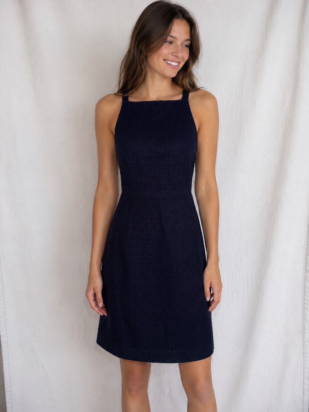 J.Crew Navy Textured Eyelet Sheath Dress Size 2 Sleeveless Square Neck Cocktail